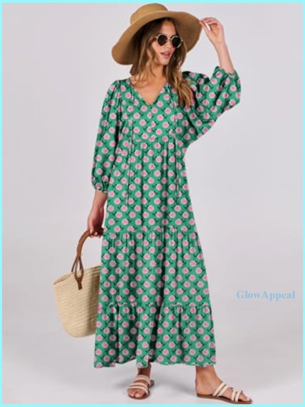 Maxi Dress with Puff Sleeves, V-Neck, Flowy Swing Fit for Casual Wear - Picture 2 of 7
